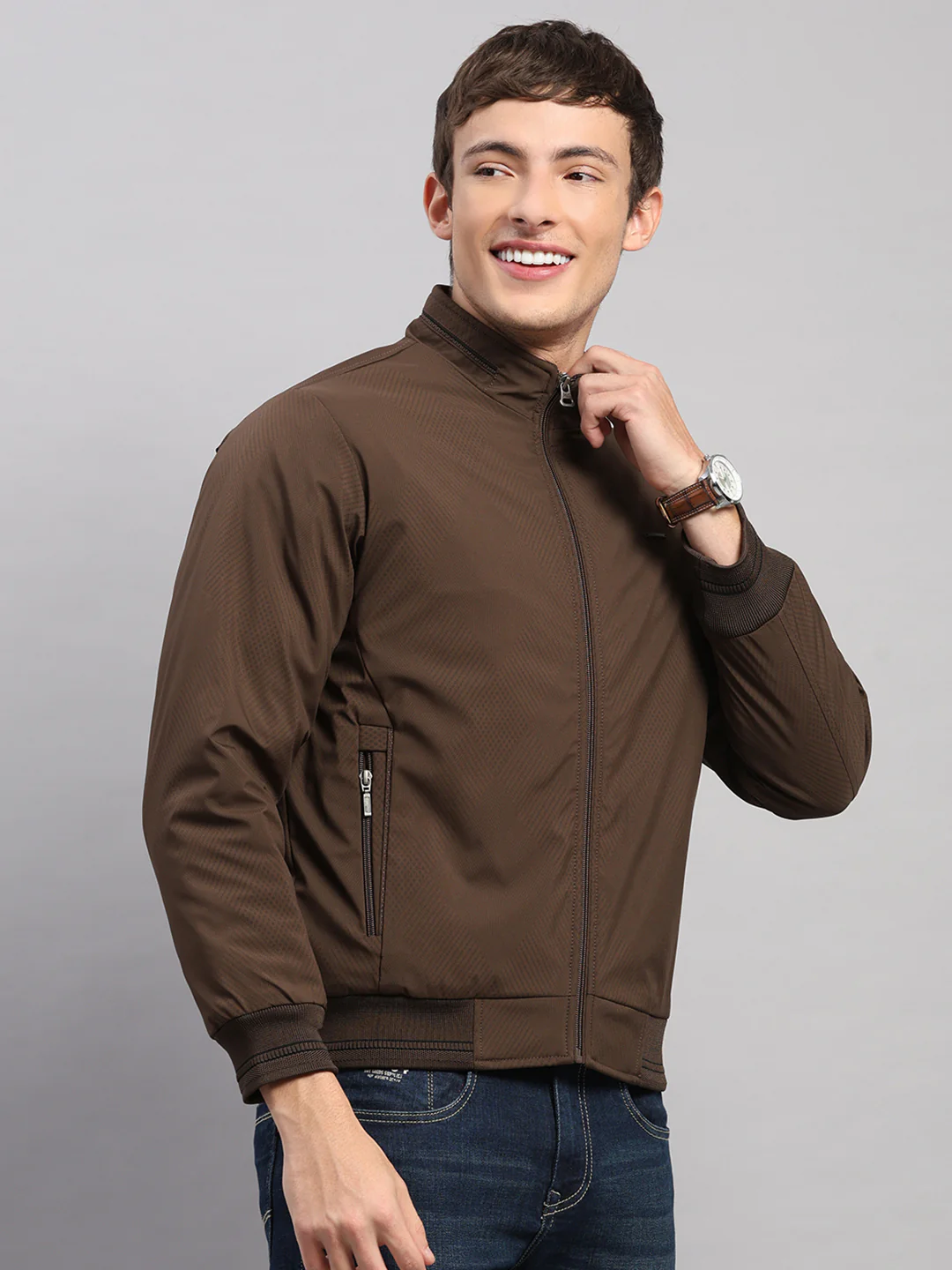 Men Brown Solid Stand Collar Full Sleeve Jacket - Image 4
