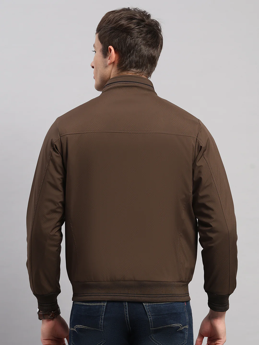 Men Brown Solid Stand Collar Full Sleeve Jacket - Image 5