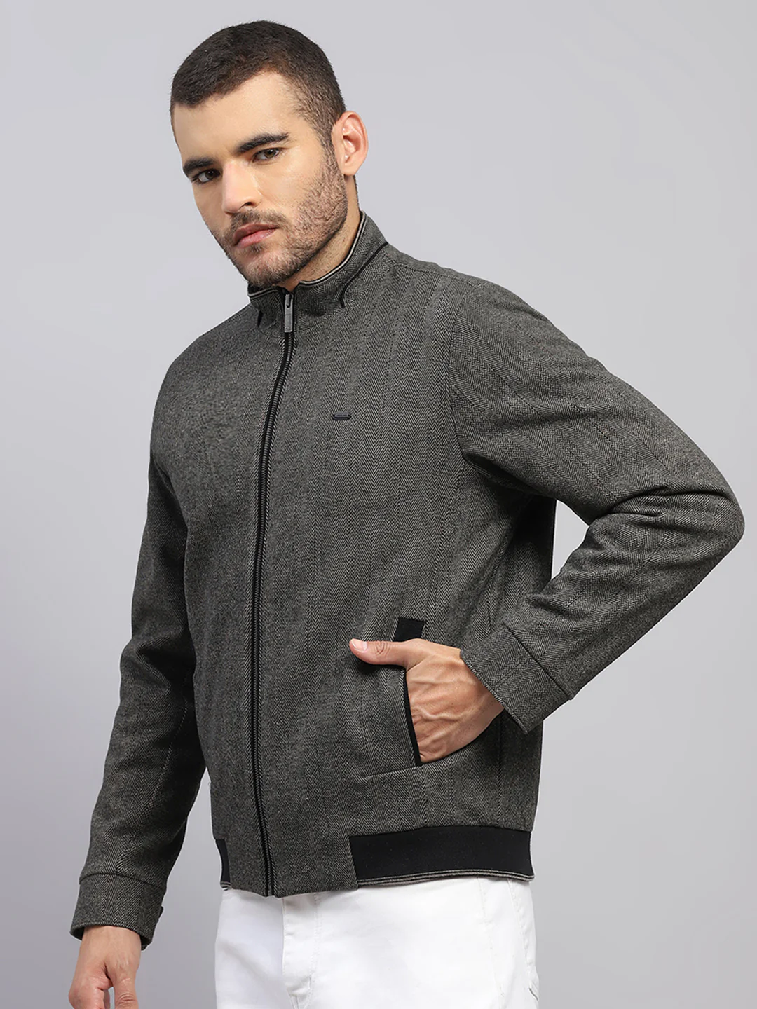 Men Brown Solid Stand Collar Full Sleeve Jacket - Image 3
