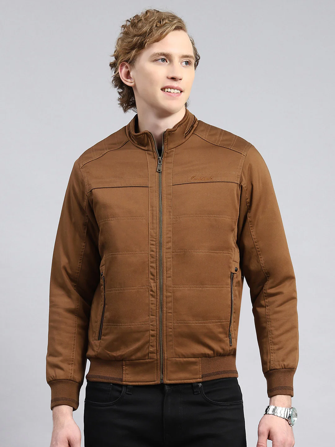 Men Brown Solid Stand Collar Full Sleeve Jackets - Image 2