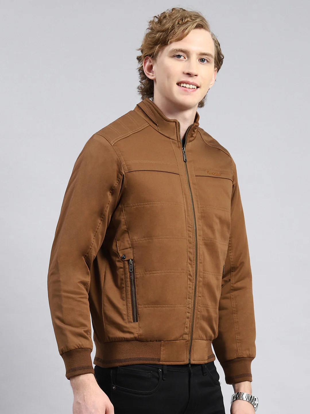 Men Brown Solid Stand Collar Full Sleeve Jackets - Image 4