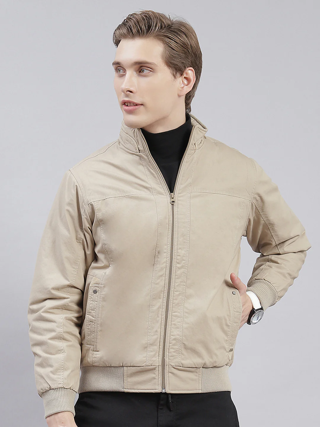 Men Brown Solid Stand Collar Full Sleeve Jackets - Image 2