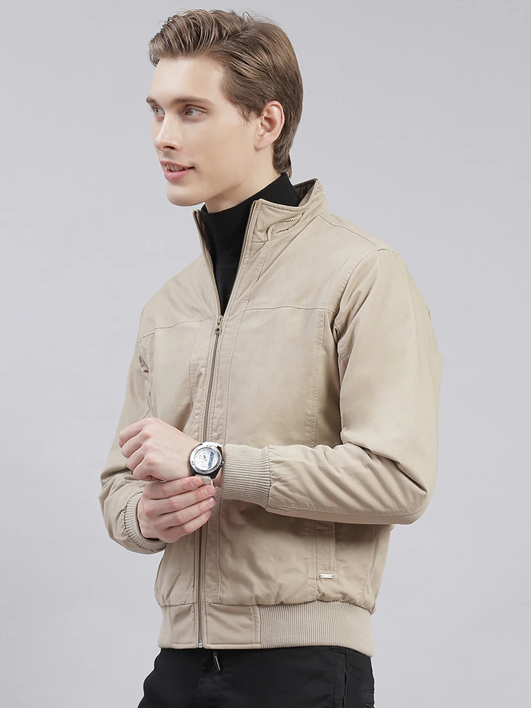 Men Brown Solid Stand Collar Full Sleeve Jackets - Image 3