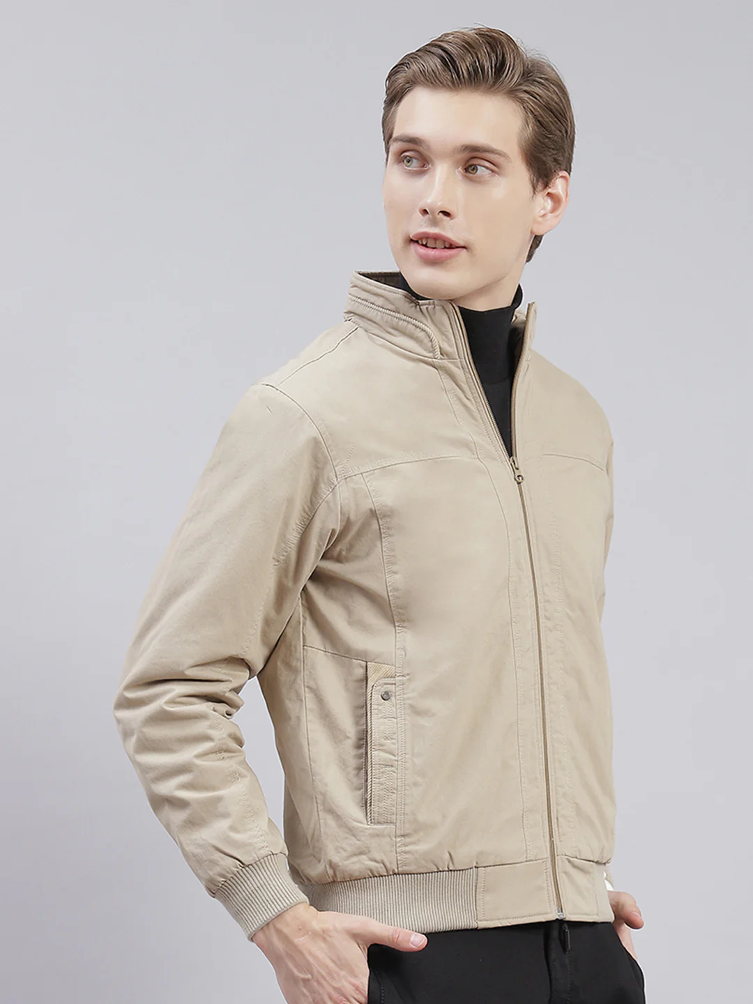 Men Brown Solid Stand Collar Full Sleeve Jackets - Image 4