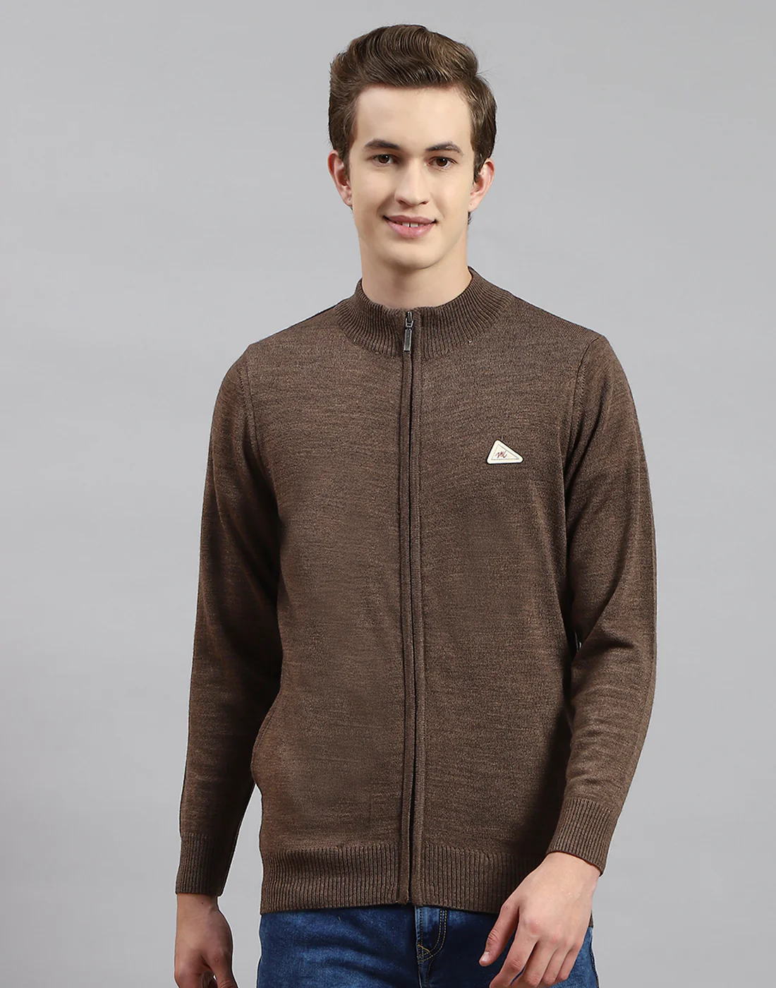 Men Brown Solid Stand Collar Full Sleeve Pullover - Image 2