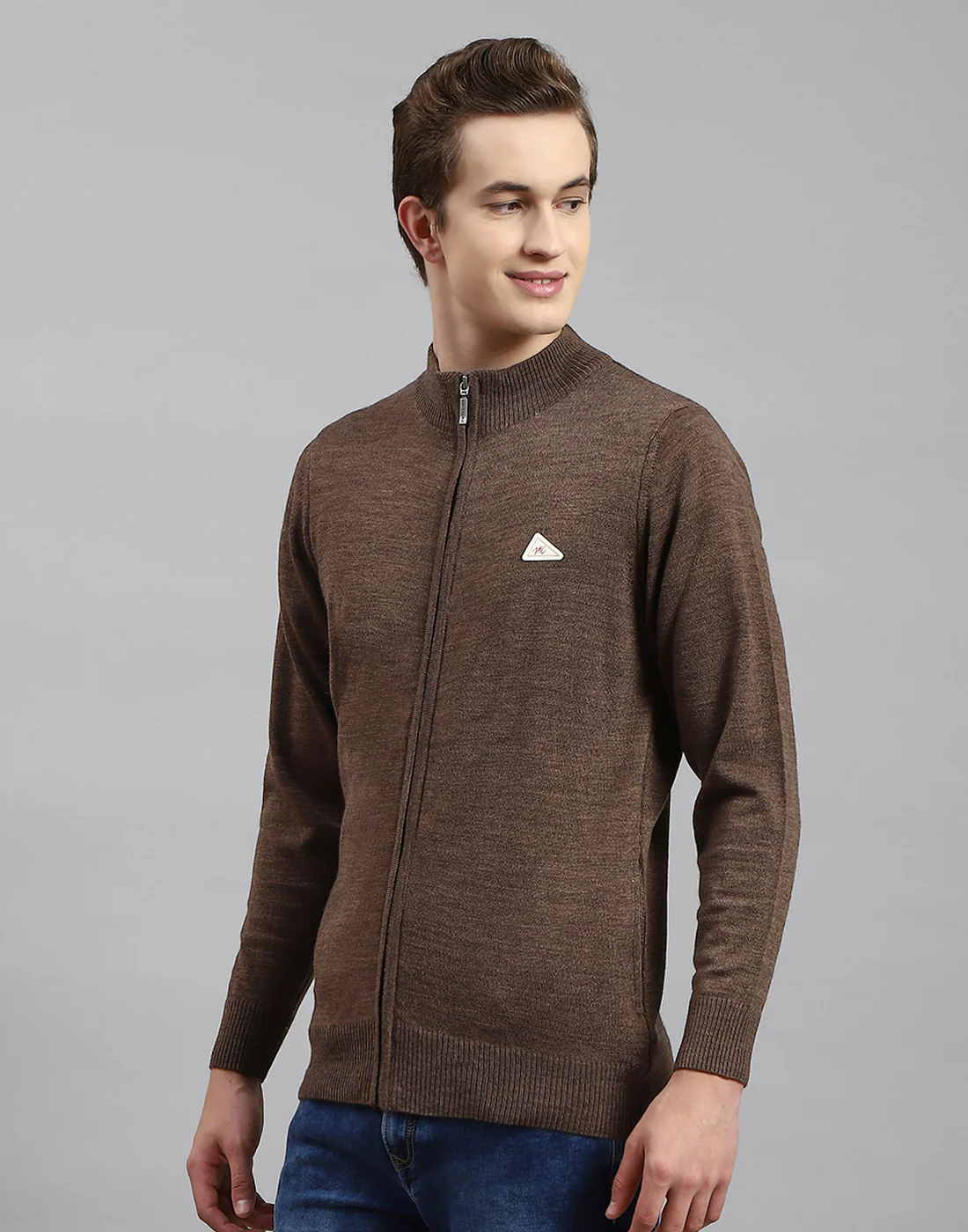 Men Brown Solid Stand Collar Full Sleeve Pullover - Image 3