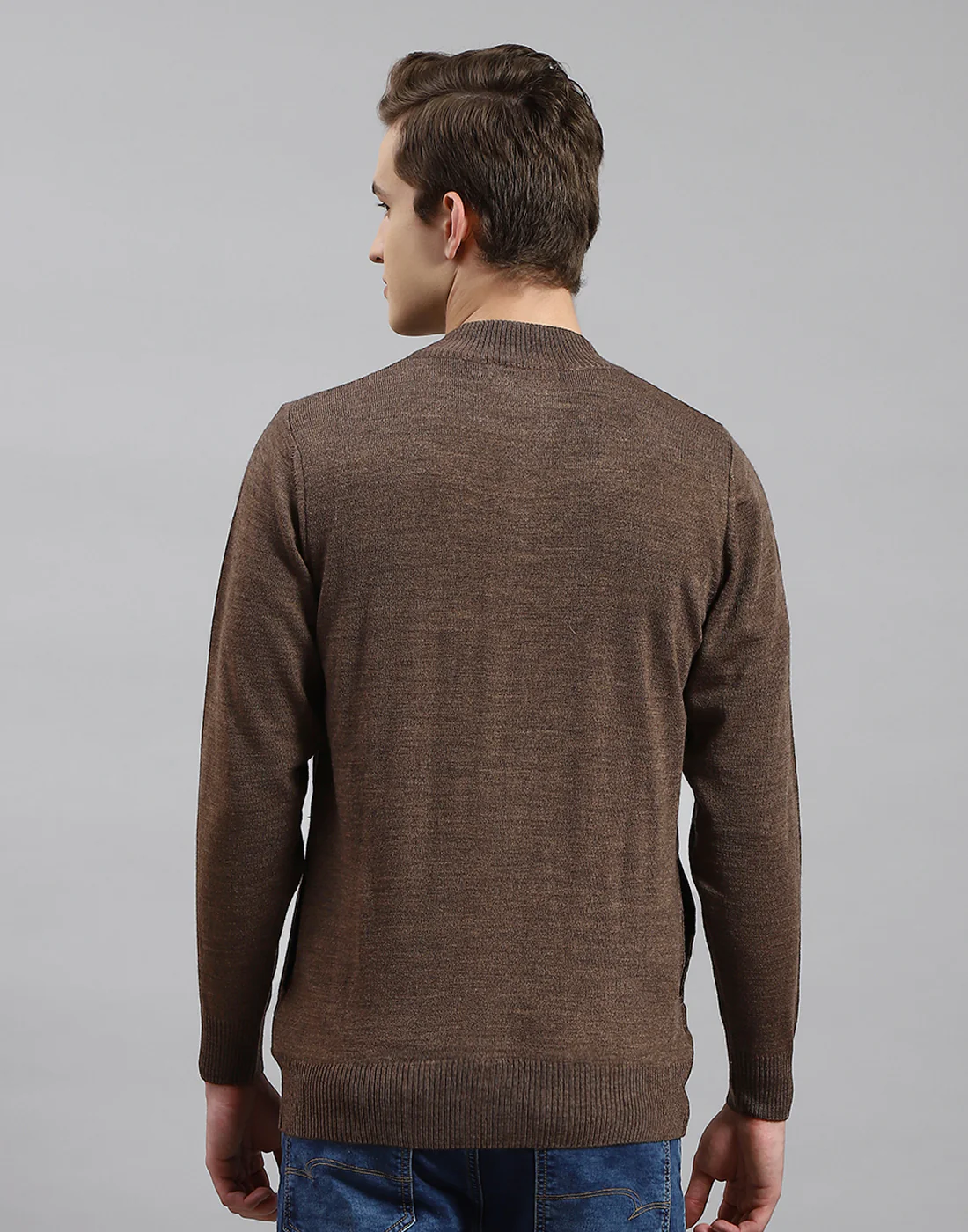 Men Brown Solid Stand Collar Full Sleeve Pullover - Image 5
