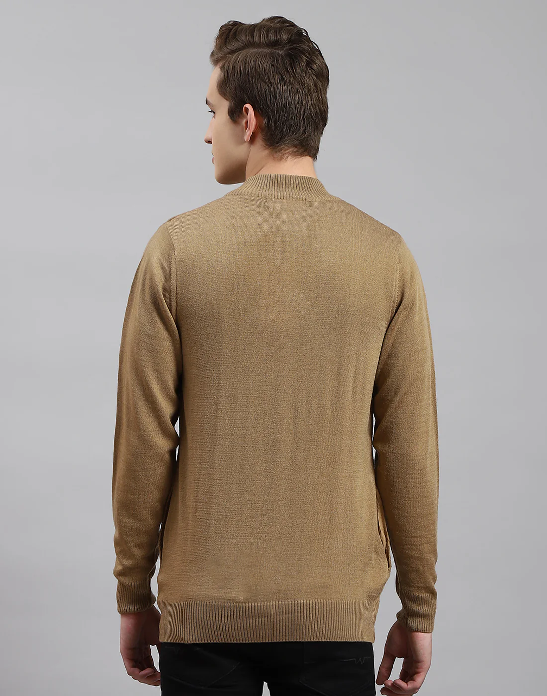 Men Brown Solid Stand Collar Full Sleeve Pullover - Image 5