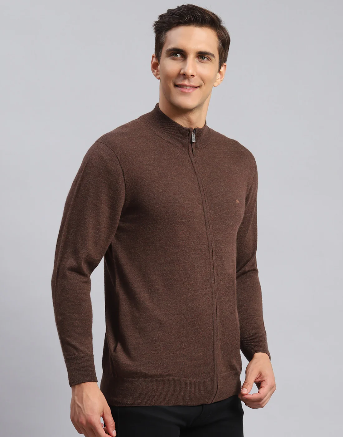 Men Brown Solid Stand Collar Full Sleeve Pullover - Image 4
