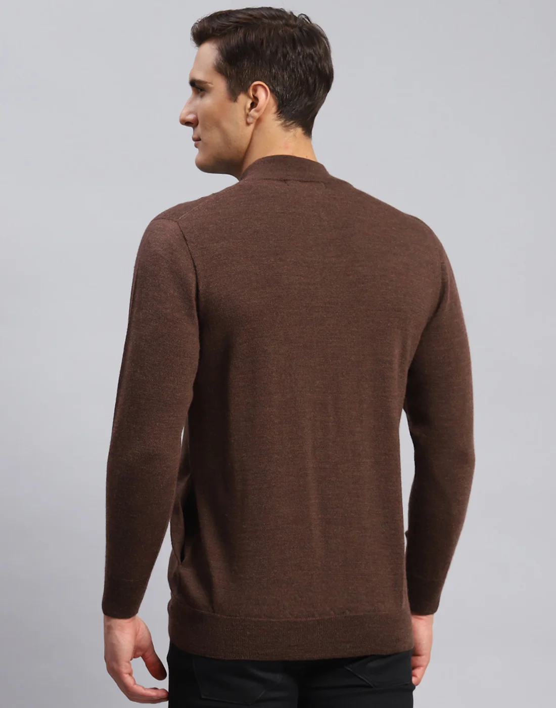 Men Brown Solid Stand Collar Full Sleeve Pullover - Image 5