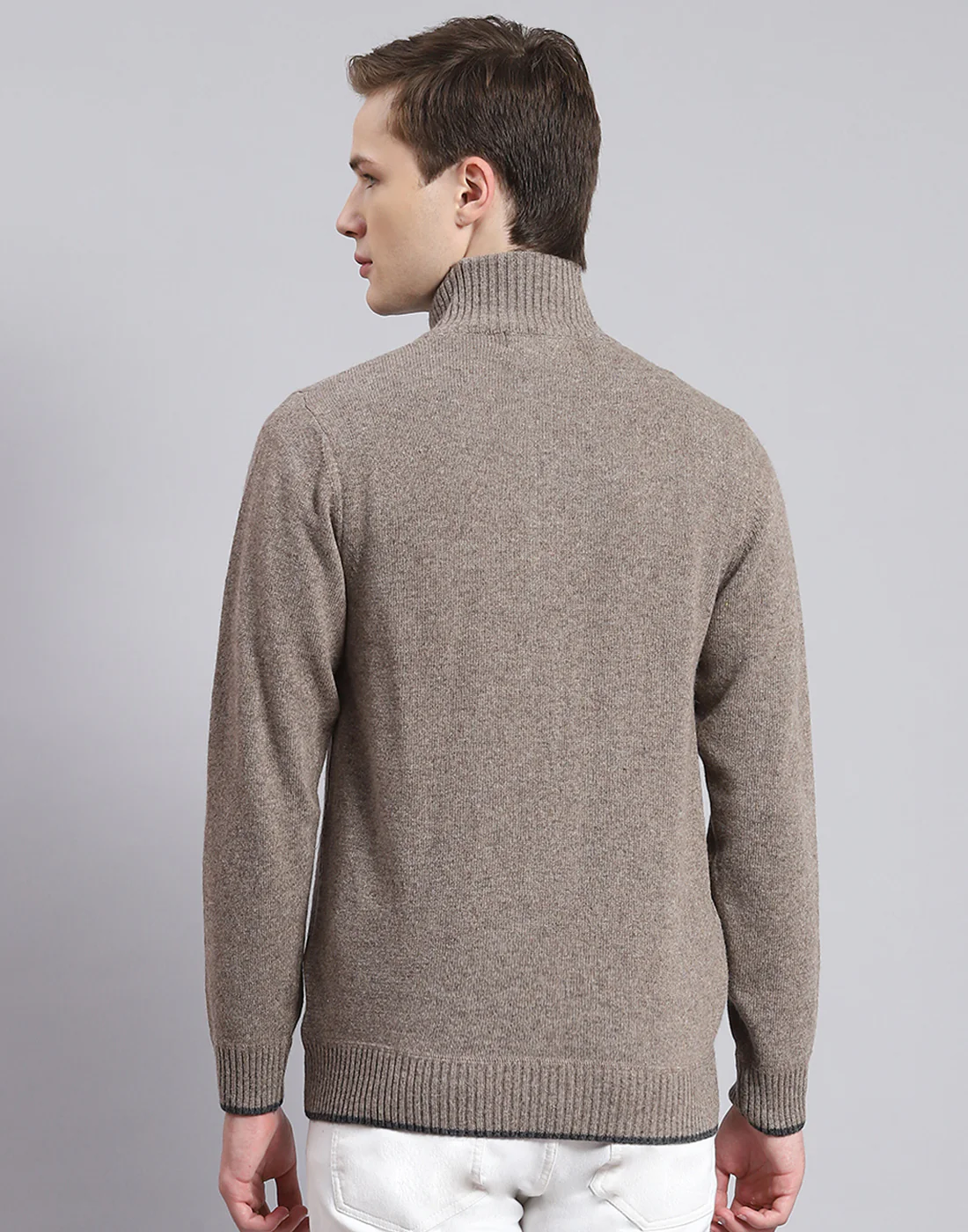 Men Brown Solid Stand Collar Full Sleeve Sweater - Image 5