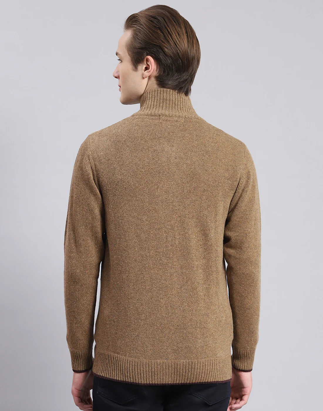 Men Brown Solid Stand Collar Full Sleeve Sweater - Image 5