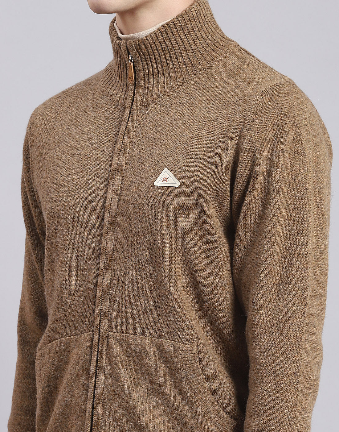 Men Brown Solid Stand Collar Full Sleeve Sweater - Image 6