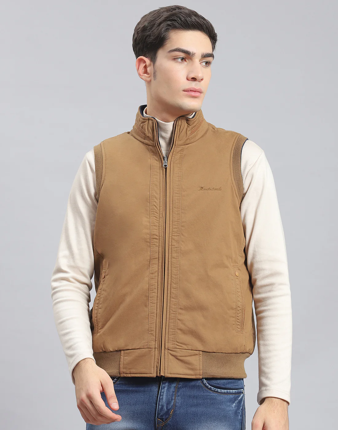 Men Brown Solid Stand Collar Sleeveless Jacket - Image 3