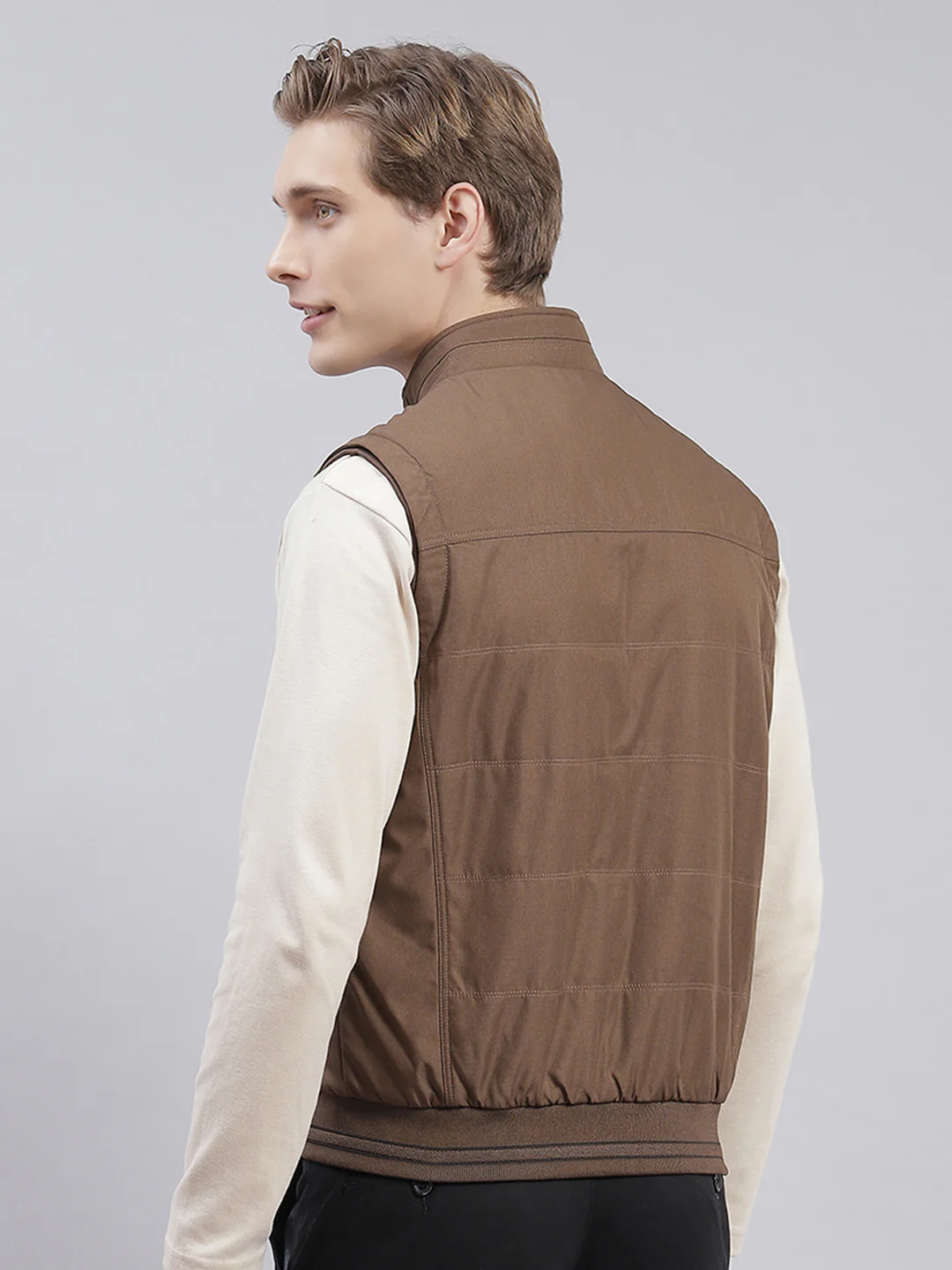 Men Brown Solid Stand Collar Sleeveless Jackets - Image 3