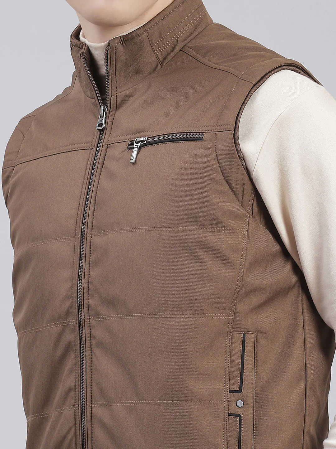 Men Brown Solid Stand Collar Sleeveless Jackets - Image 7