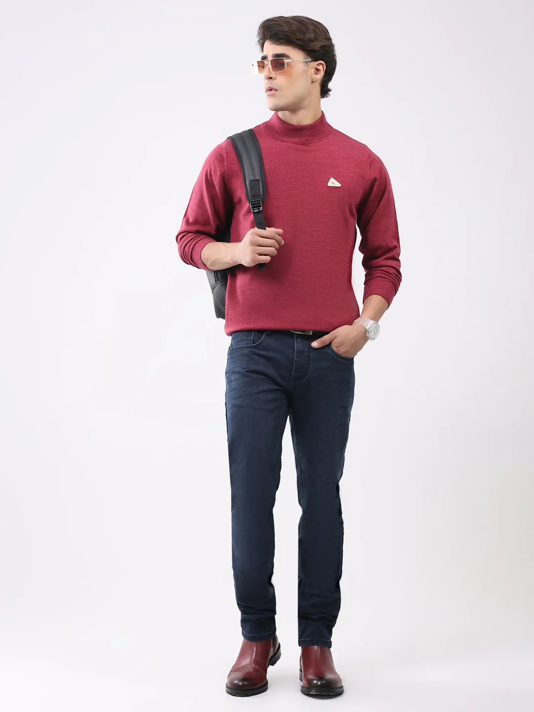 Men Brown Solid T Neck Full Sleeve Pullover - Image 2