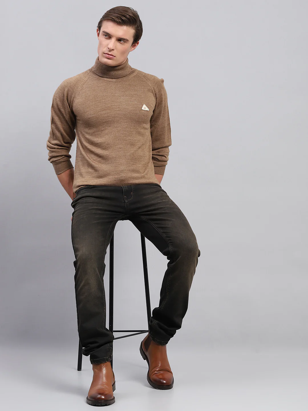 Men Brown Solid Turtle Neck Full Sleeve Pullover - Image 2