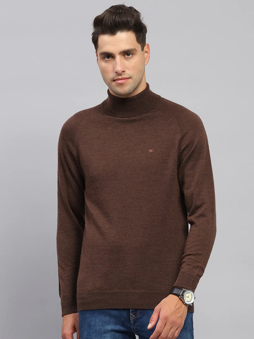 Men Brown Solid Turtle Neck Full Sleeve Pullover - Image 2