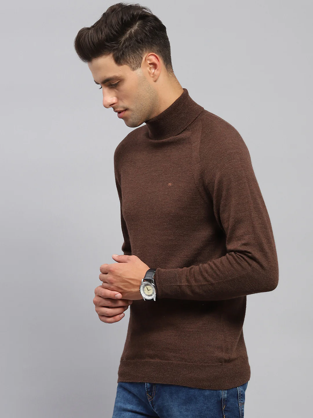 Men Brown Solid Turtle Neck Full Sleeve Pullover - Image 3