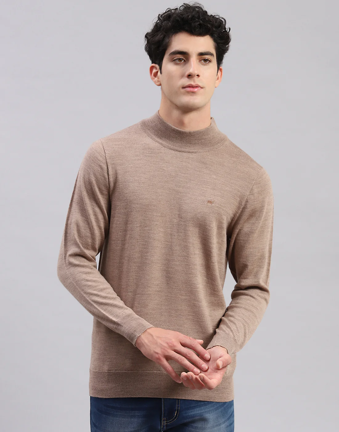Men Brown Solid Turtle Neck Full Sleeve Pullover - Image 2