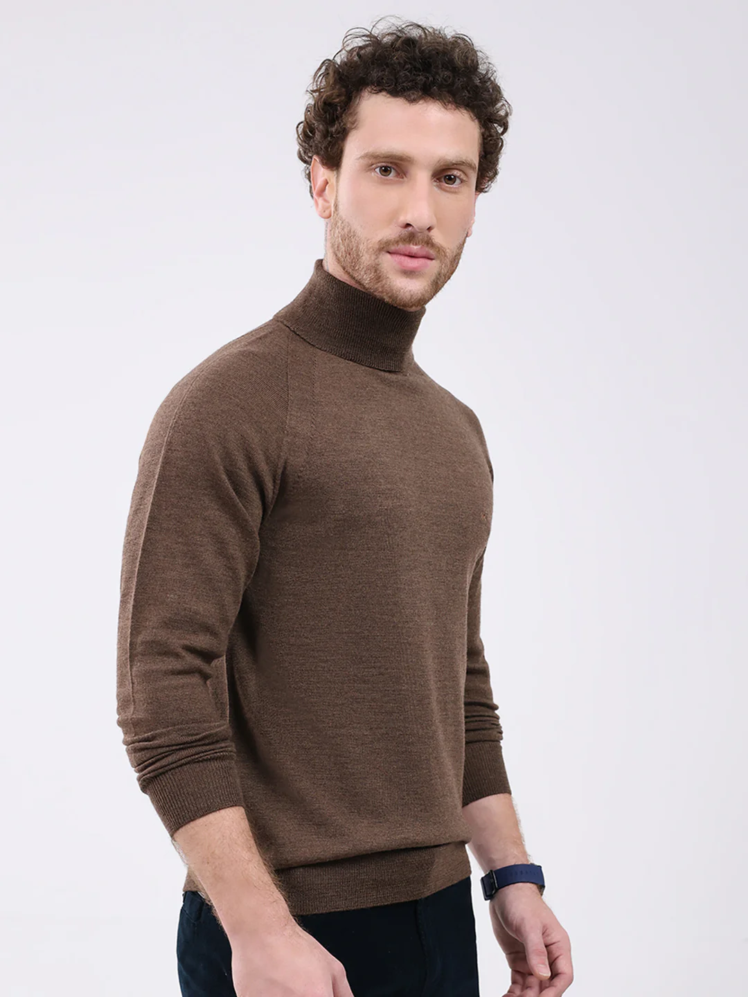 Men Brown Solid Turtle Neck Full Sleeve Pullover - Image 4