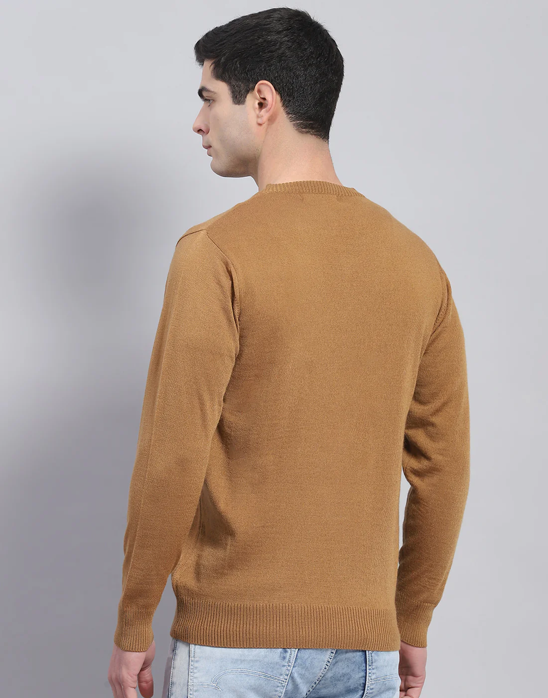Men Brown Solid V Neck Full Sleeve Pullover - Image 5