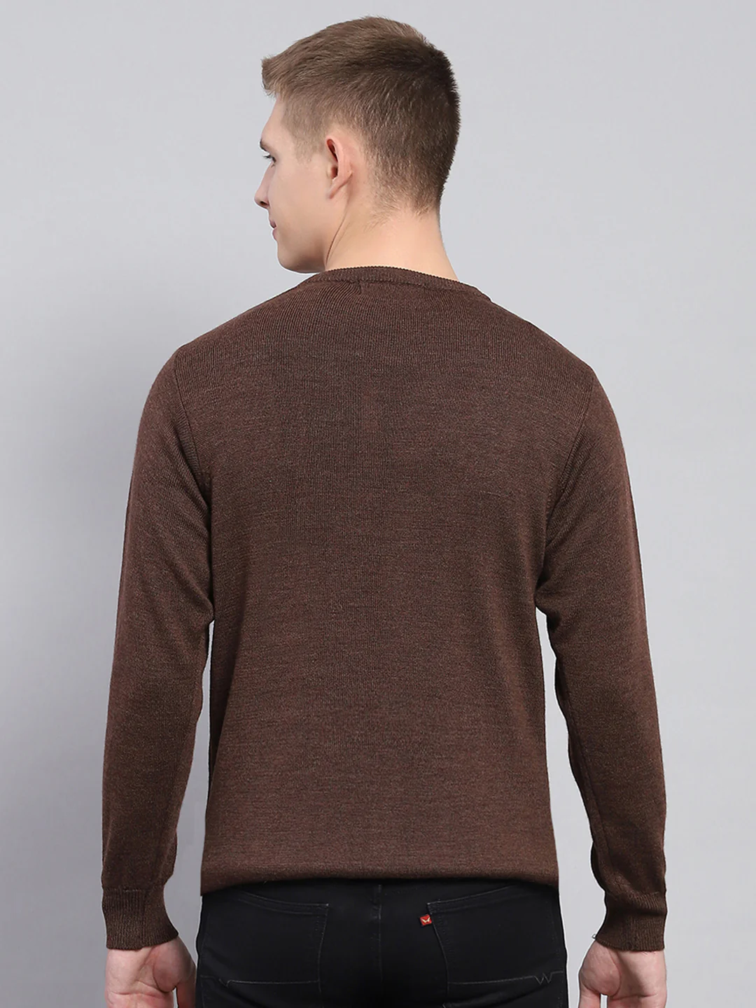 Men Brown Solid V Neck Full Sleeve Pullover - Image 5