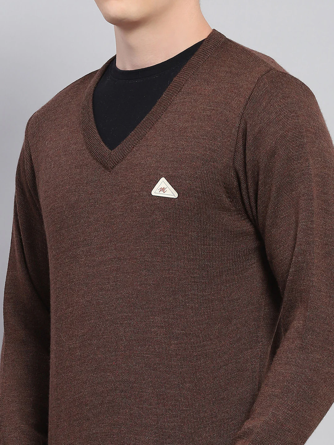 Men Brown Solid V Neck Full Sleeve Pullover - Image 6