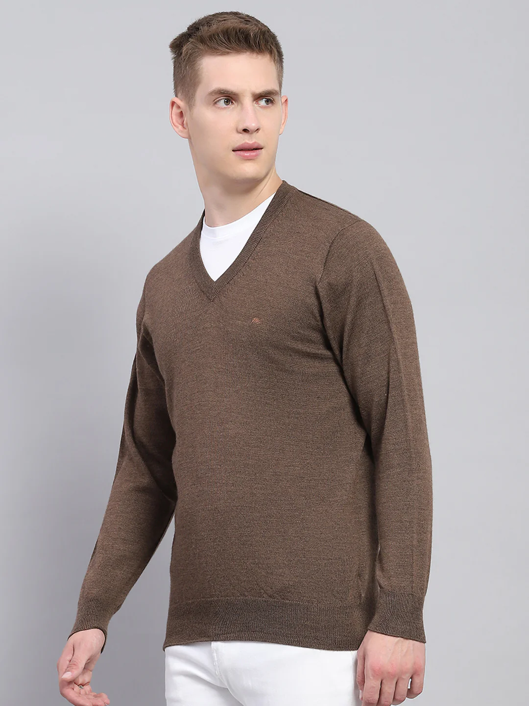 Men Brown Solid V Neck Full Sleeve Pullover - Image 3