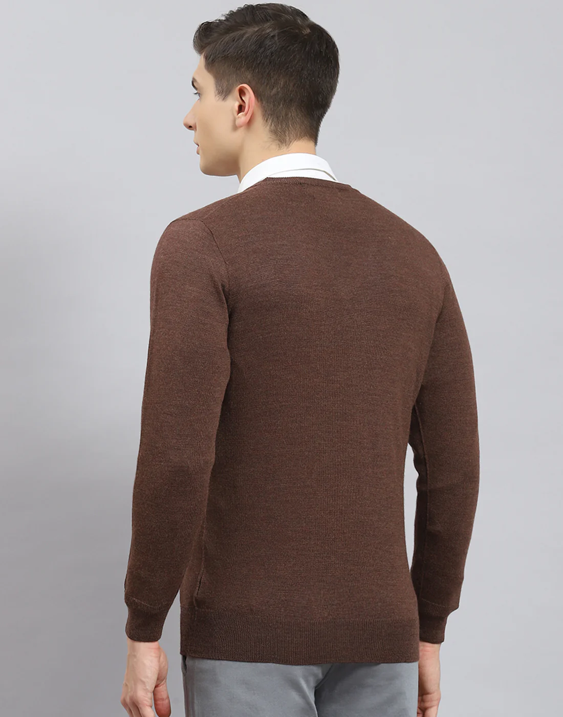 Men Brown Solid V Neck Full Sleeve Pullover - Image 7