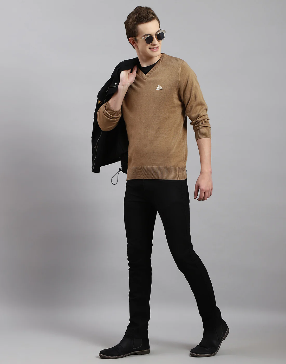 Men Brown Solid V Neck Full Sleeve Pullover - Image 2