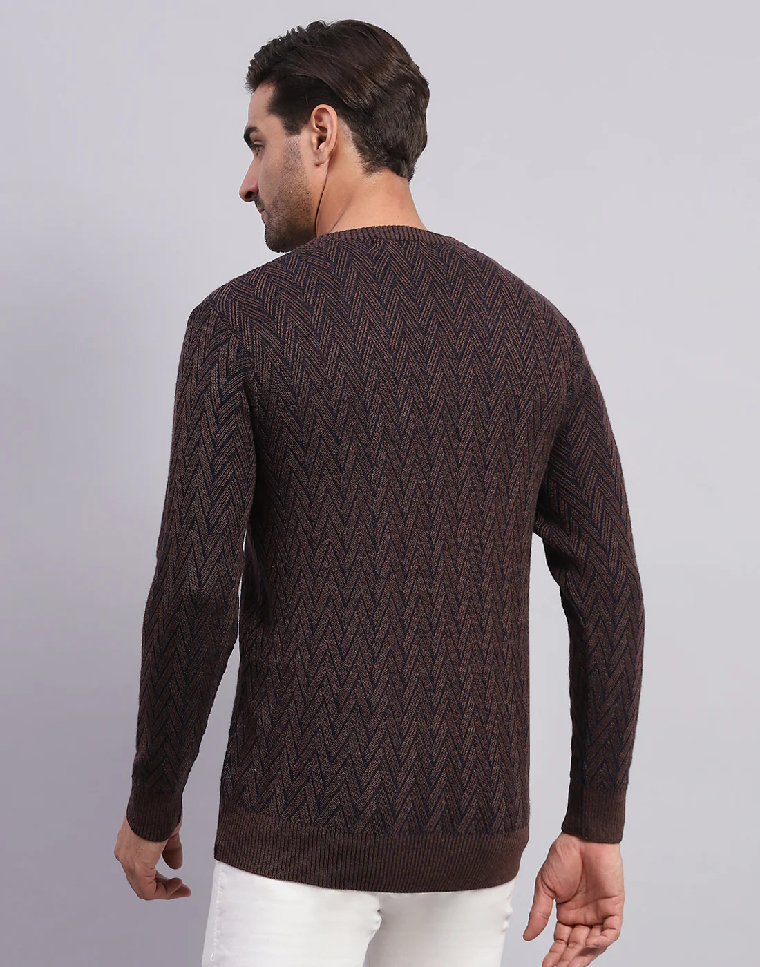 Men Brown Solid V Neck Full Sleeve Pullover - Image 5