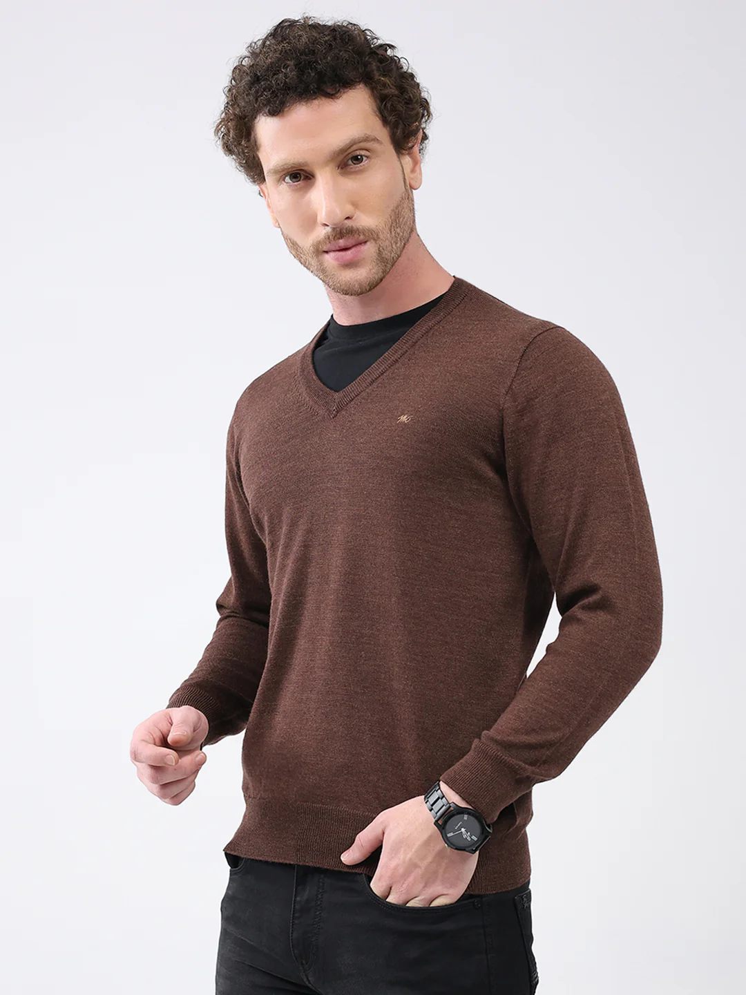 Men Brown Solid V Neck Full Sleeve Pullover - Image 3
