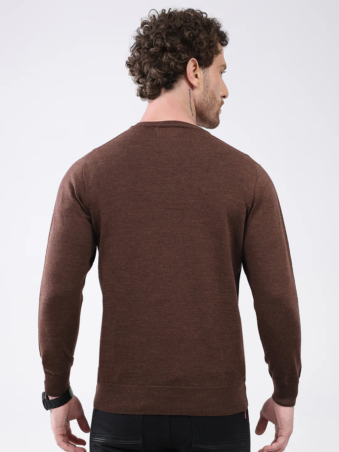 Men Brown Solid V Neck Full Sleeve Pullover - Image 5