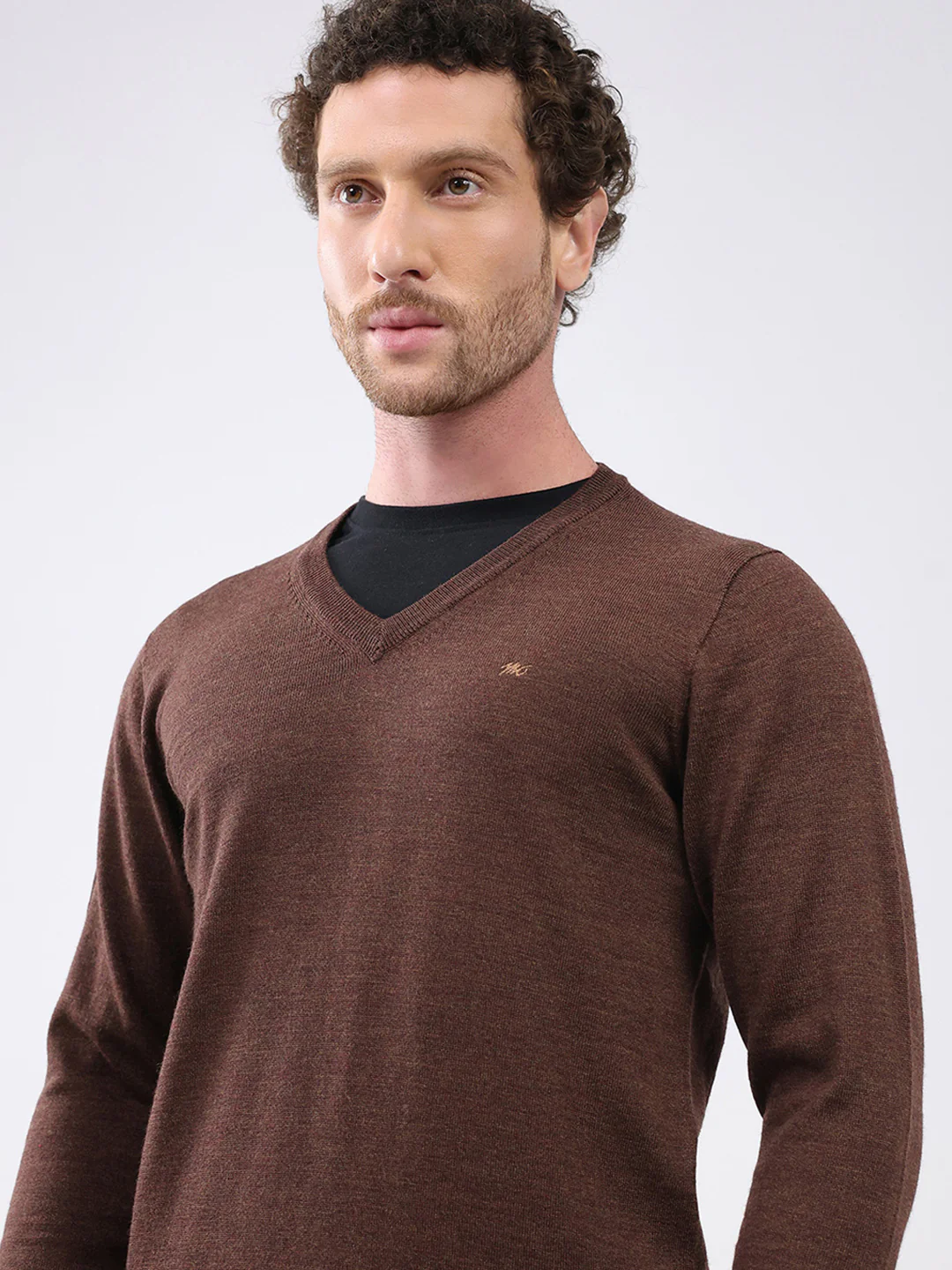 Men Brown Solid V Neck Full Sleeve Pullover - Image 6