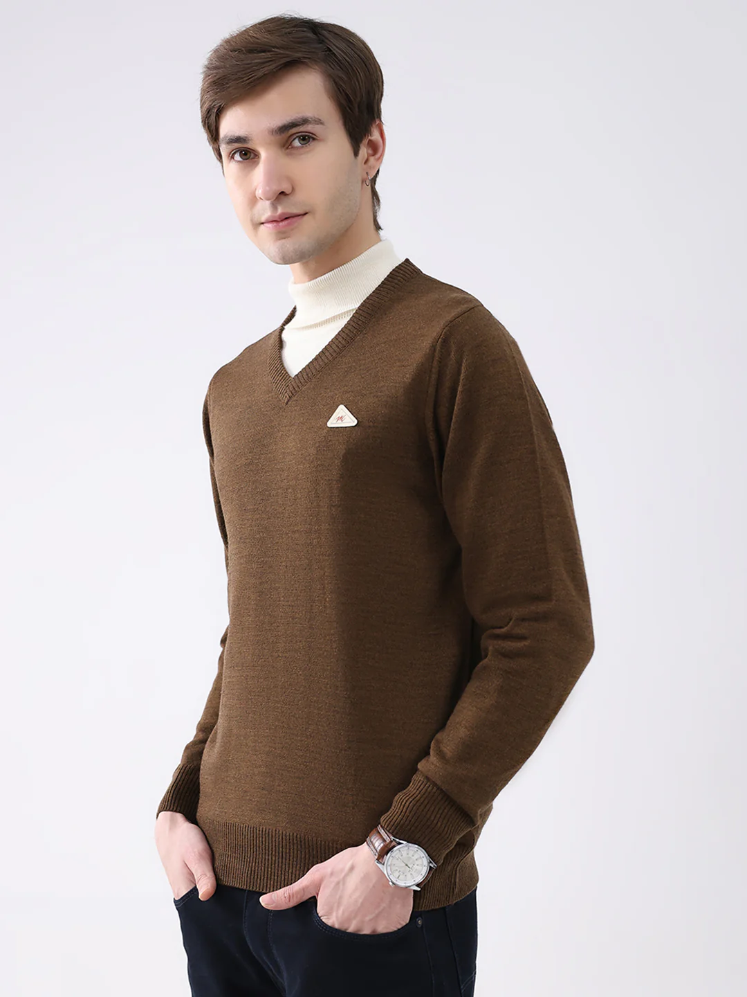 Men Brown Solid V Neck Full Sleeve Pullover - Image 3