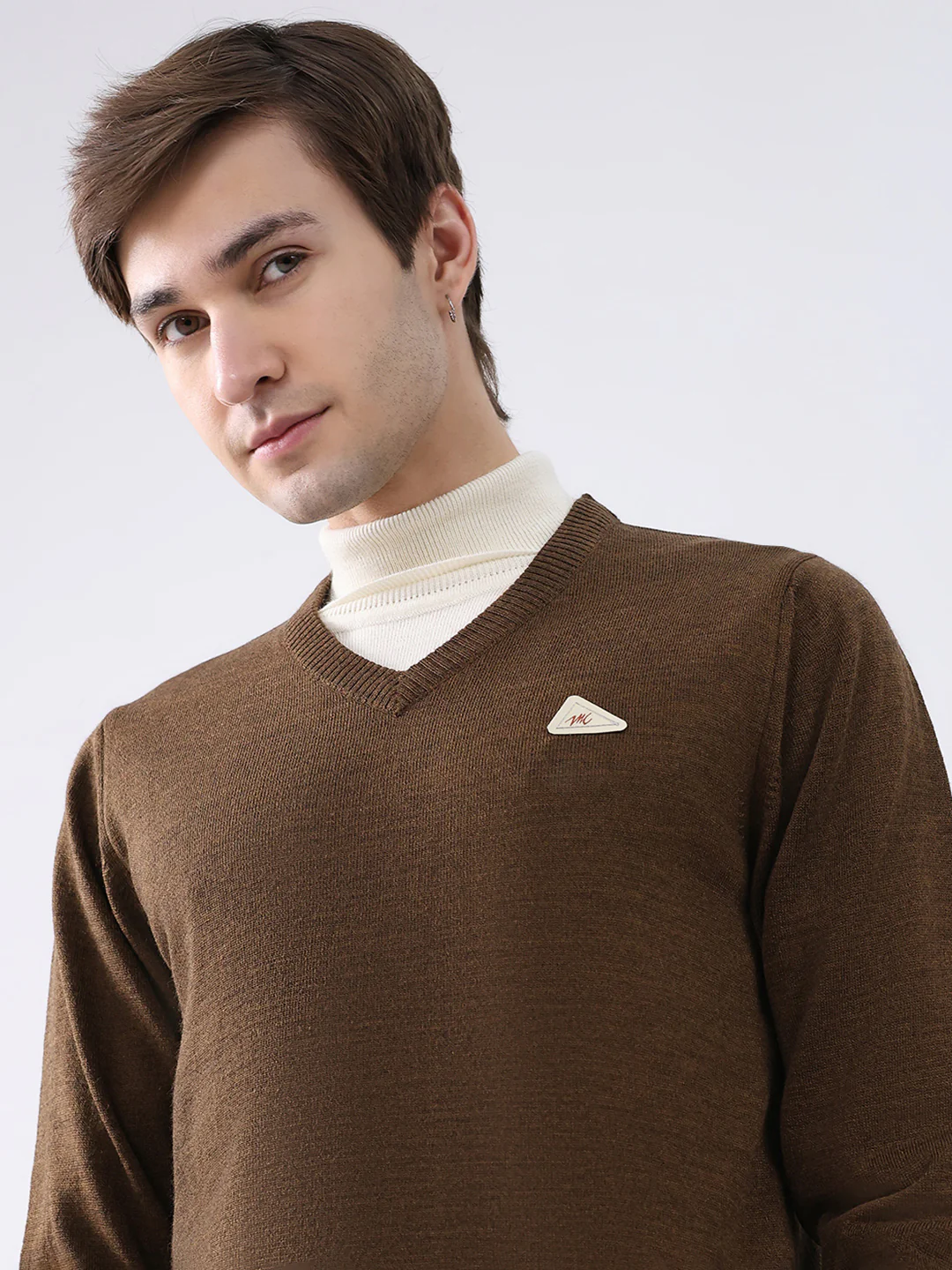 Men Brown Solid V Neck Full Sleeve Pullover - Image 7