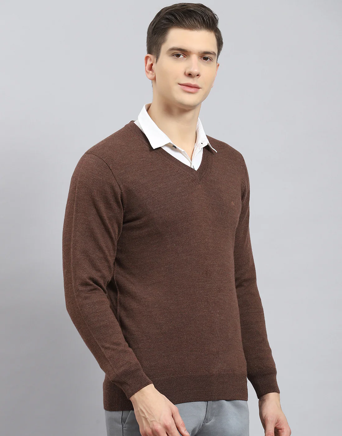 Men Brown Solid V Neck Full Sleeve Sweater - Image 6