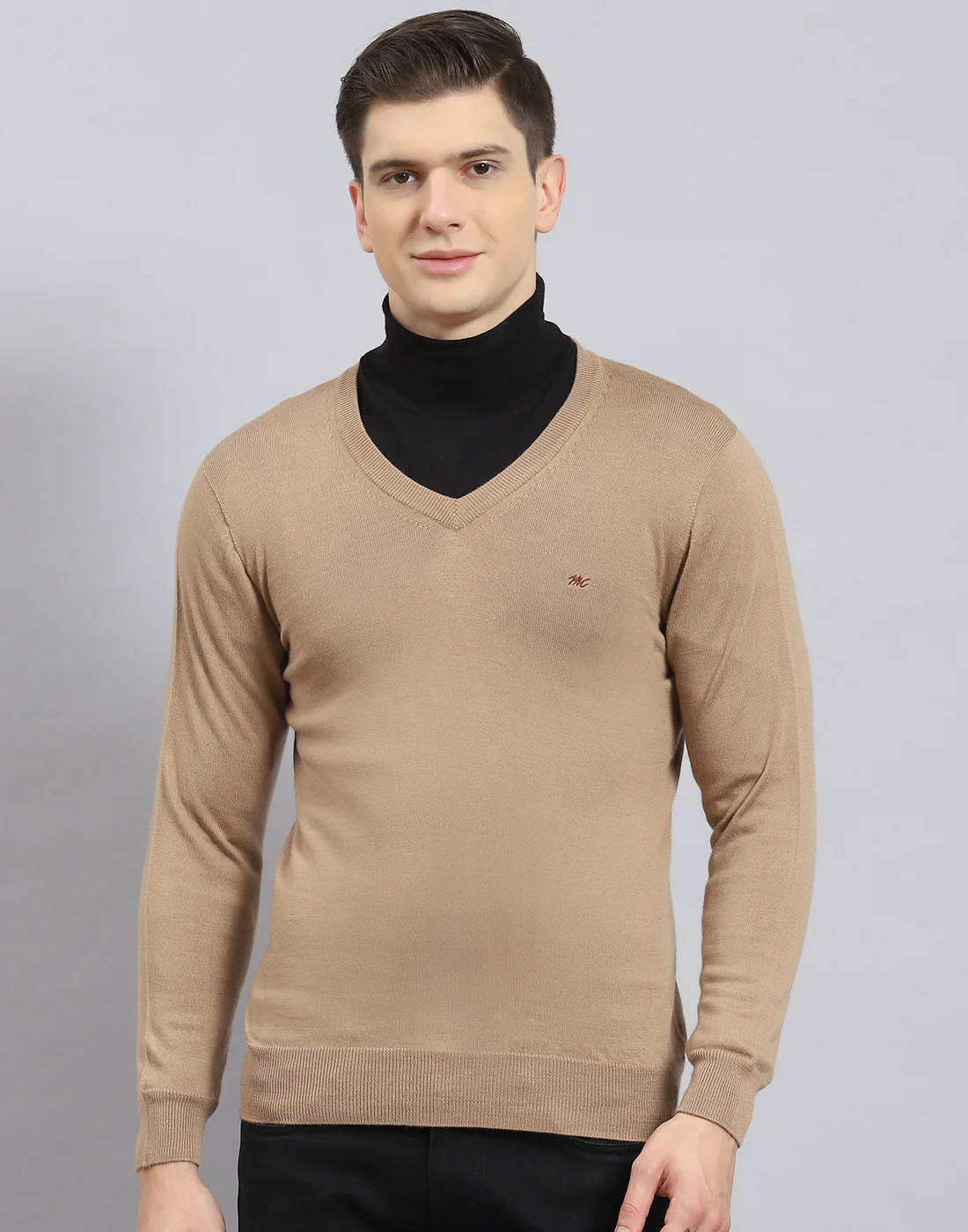 Men Brown Solid V Neck Full Sleeve Sweater - Image 3