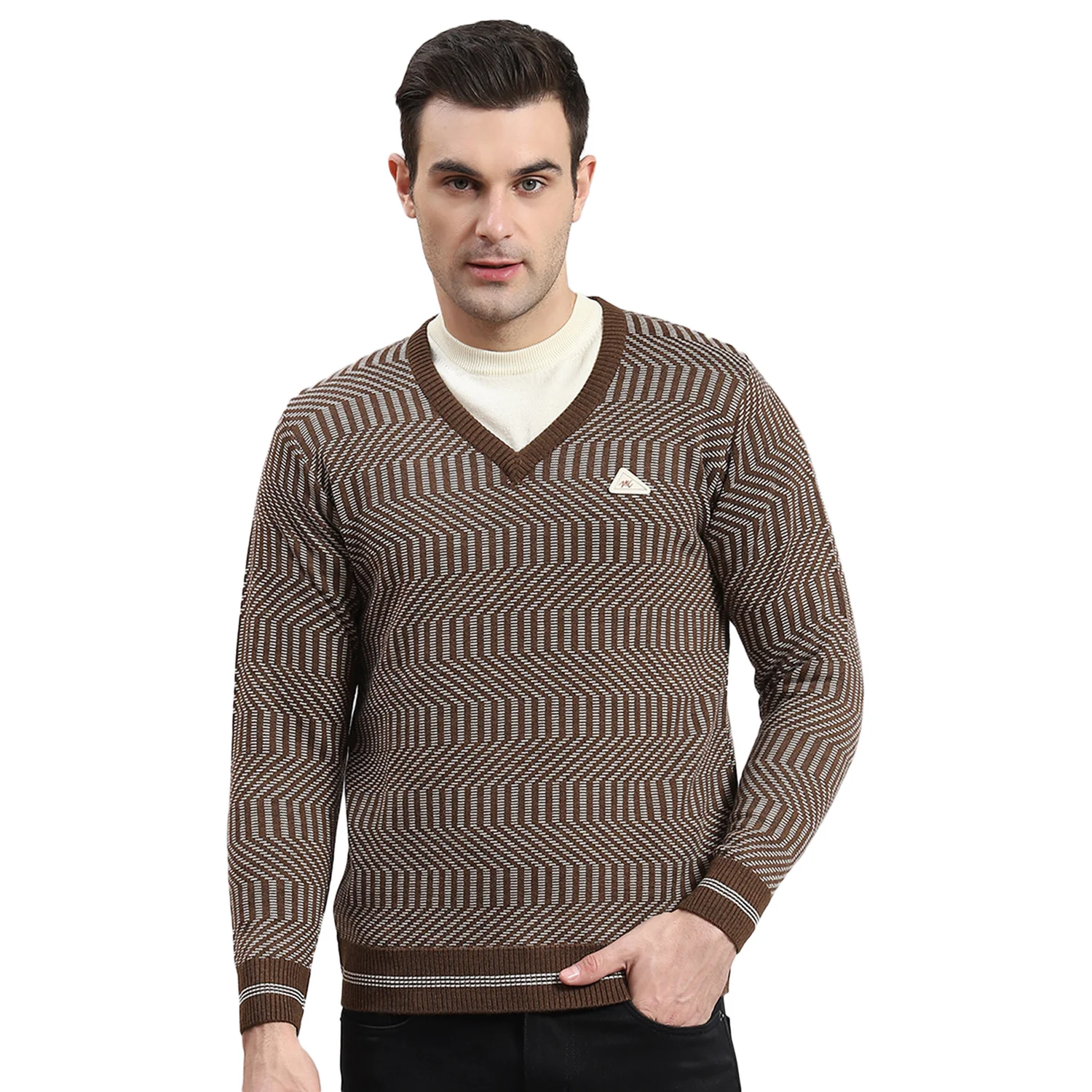 Men Brown Solid V Neck Full Sleeve Sweater - Image 5