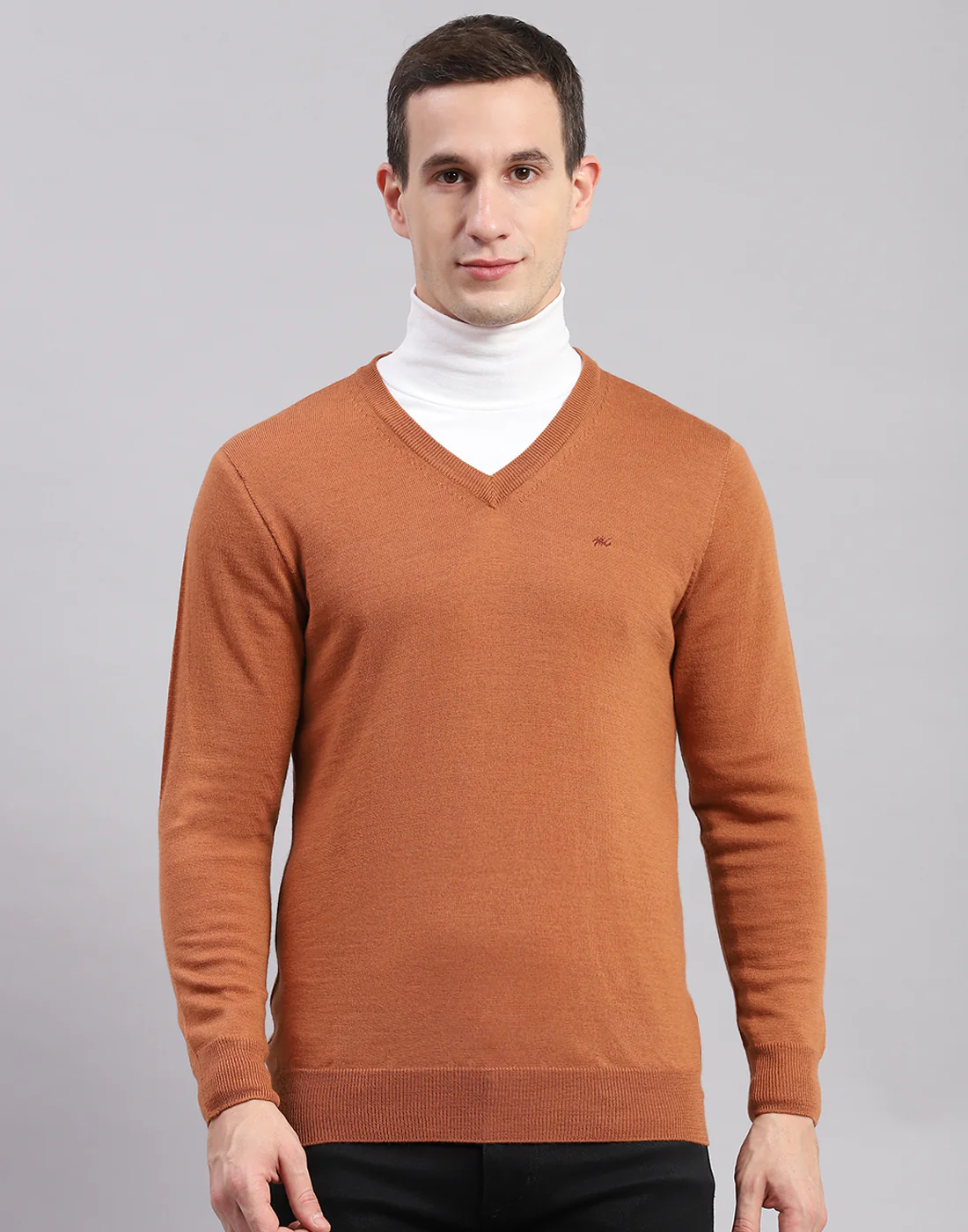 Men Brown Solid V Neck Full Sleeve Sweaters/Pullovers - Image 2