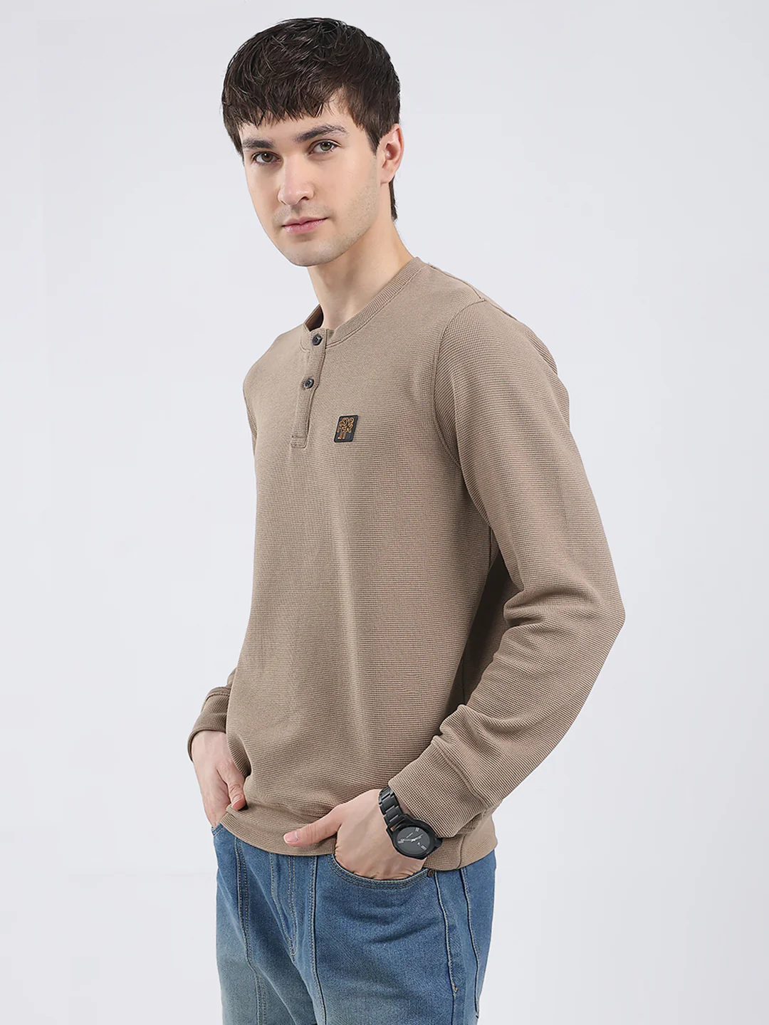 Rock.it Men Brown Solid Round Neck Full Sleeve Winter T-Shirt - Image 3