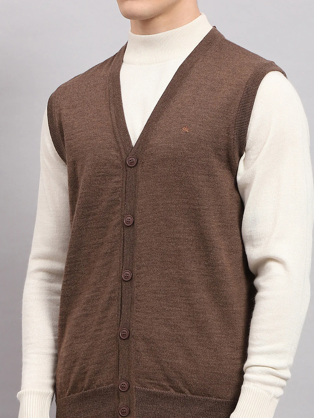 Men Brown Solid V Neck Sleeveless Cardigan - Image 6