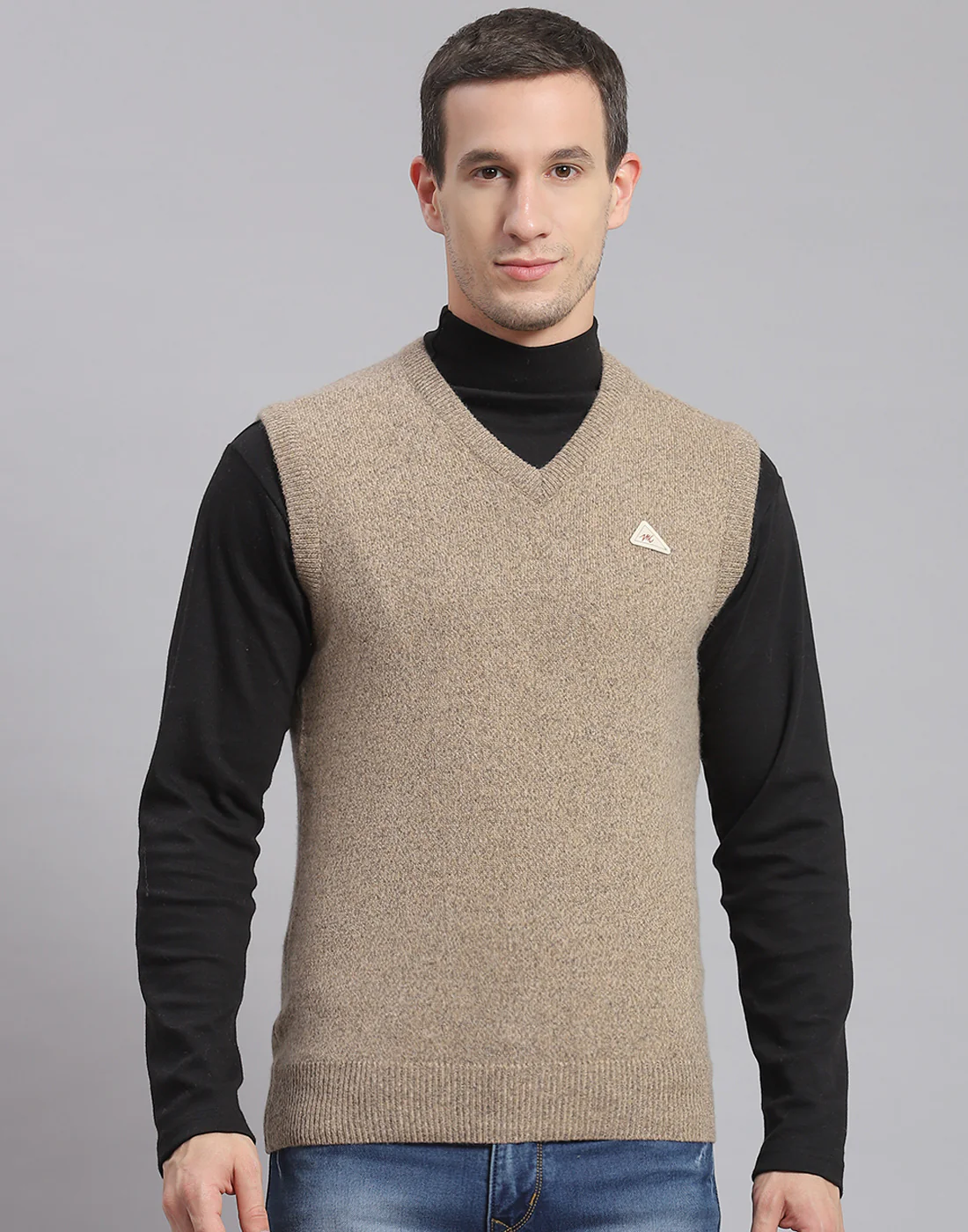 Men Brown Solid V Neck Sleeveless Sweater - Image 2