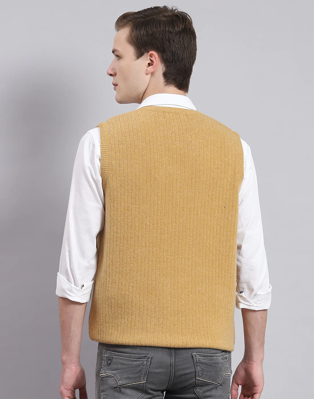 Men Brown Solid V Neck Sleeveless Sweater - Image 6