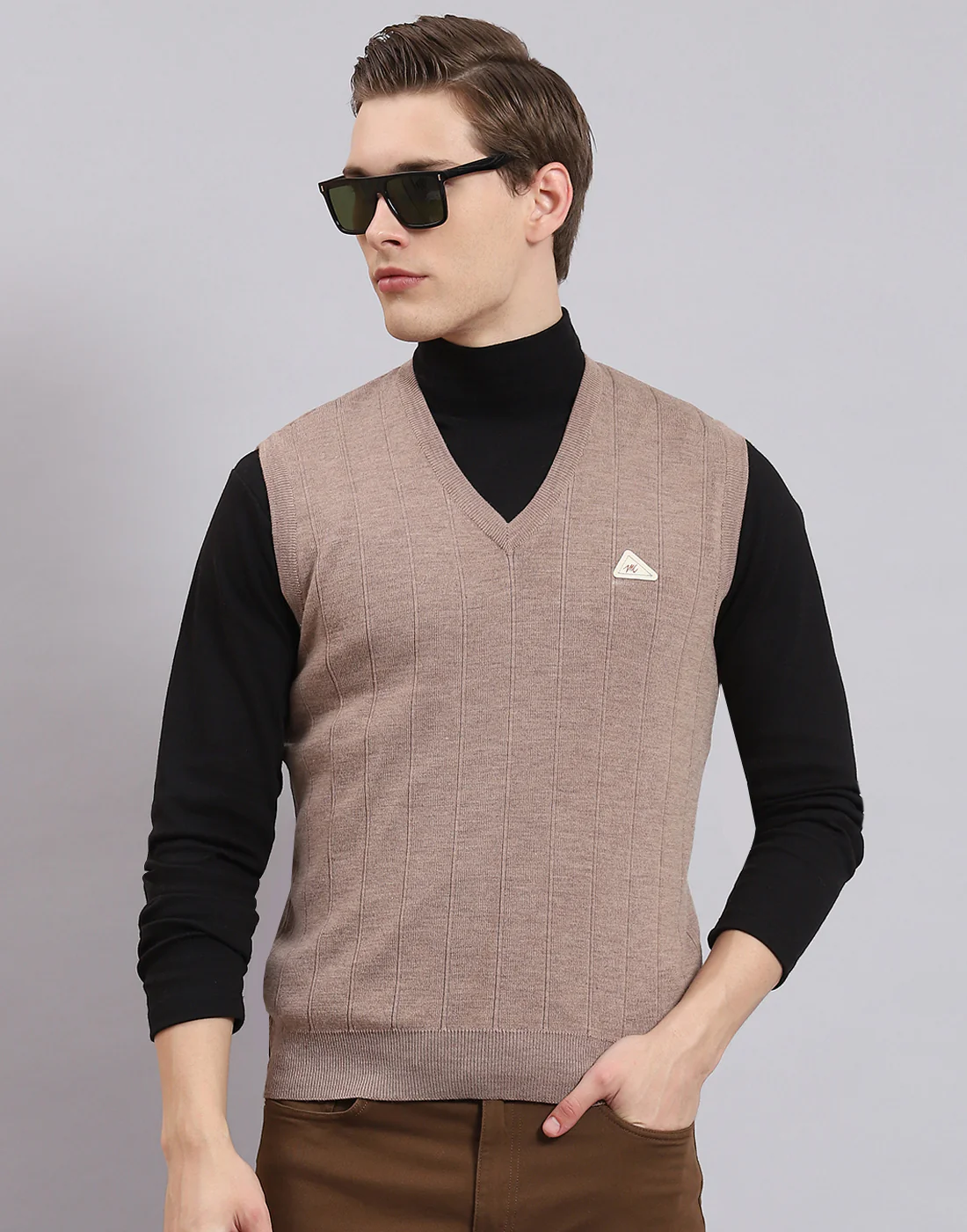 Men Brown Solid V Neck Sleeveless Sweater - Image 2