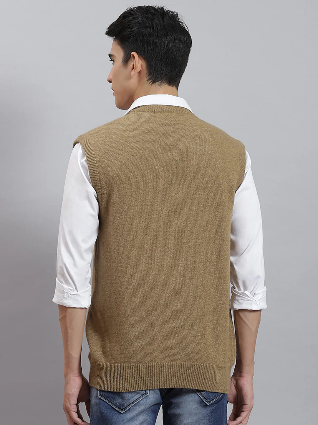 Men Brown Solid V Neck Sleeveless Sweaters/Pullovers - Image 5