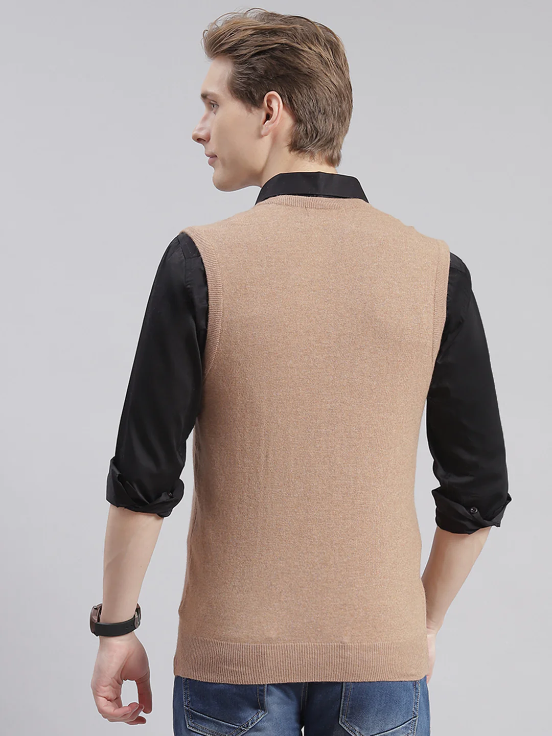 Men Brown Solid V Neck Sleeveless Sweaters/Pullovers - Image 5
