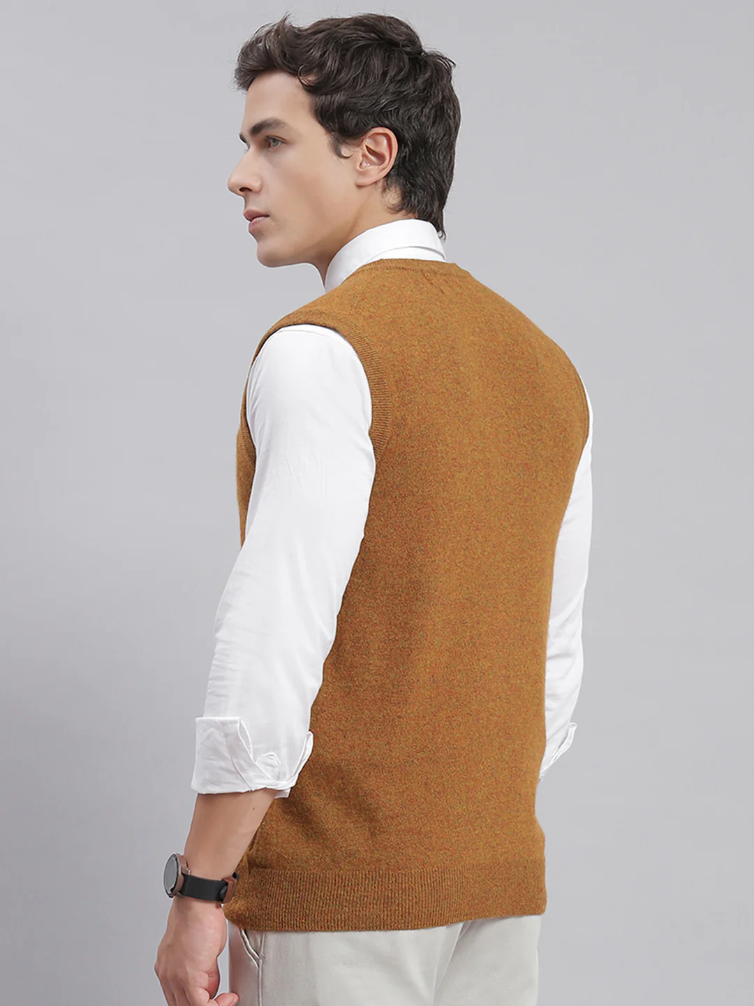 Men Brown Solid V Neck Sleeveless Sweaters/Pullovers - Image 6